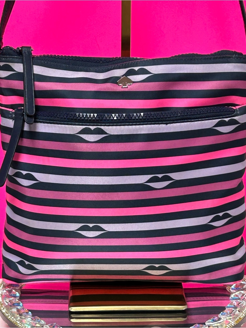 KATE SPADE New York Jae Lip Print Pink Nylon Crossbody Bag Approx. 11 x 10 x 2